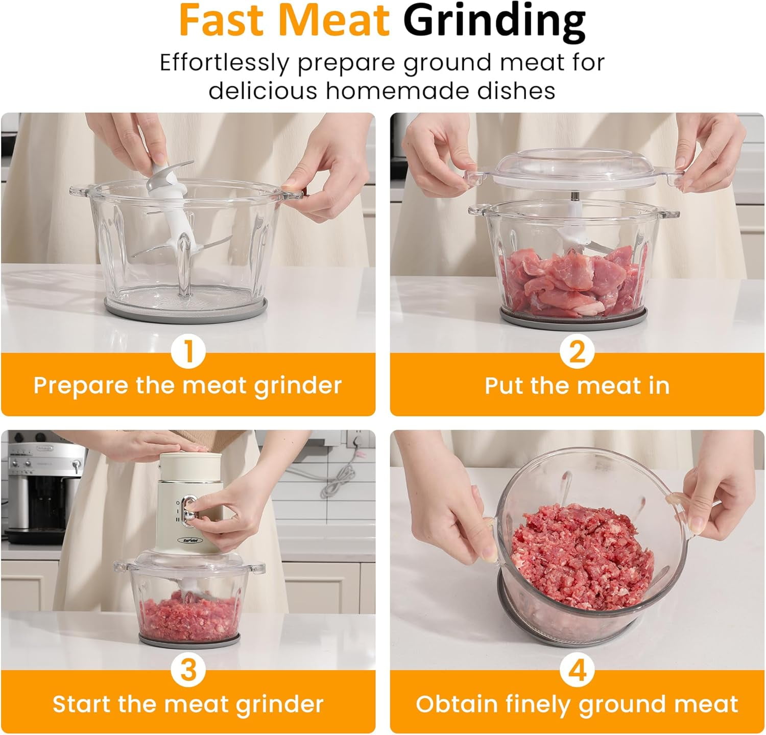 4-in-1 Electric Food Chopper & Small Processor with Glass Bowl