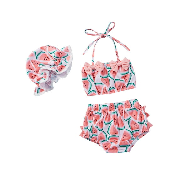 ITFABS Ensemble de Maillot de Bain Deux Pièces pour Bébé Filles, Bikini Sans Manches Imprimé Pastèque avec Nœud Papillon + Shorts + Chapeau