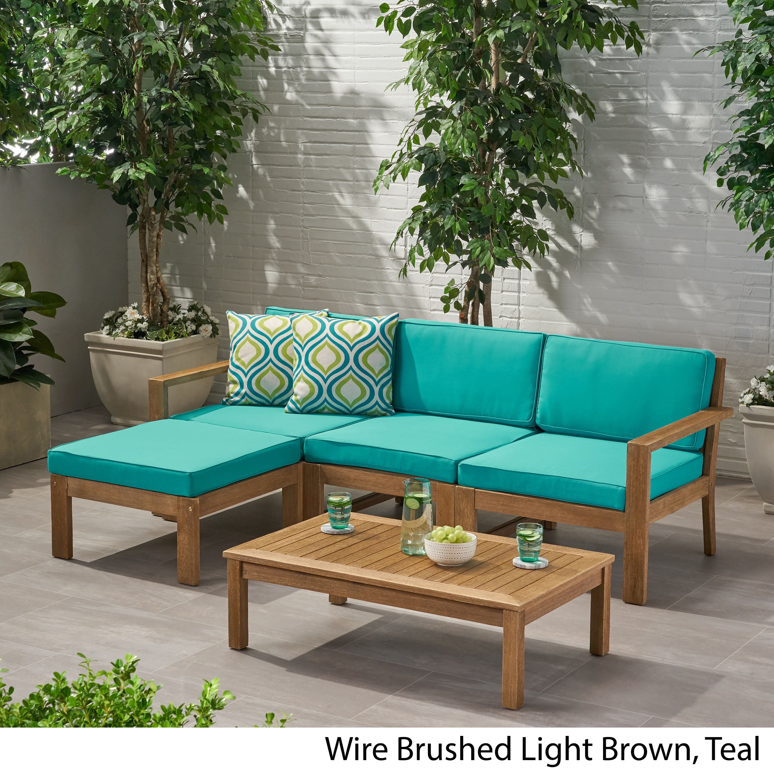 Faviola Ana Outdoor 3 Seater Acacia Wood Sofa Sectional with Cushions, Light Brown and Teal