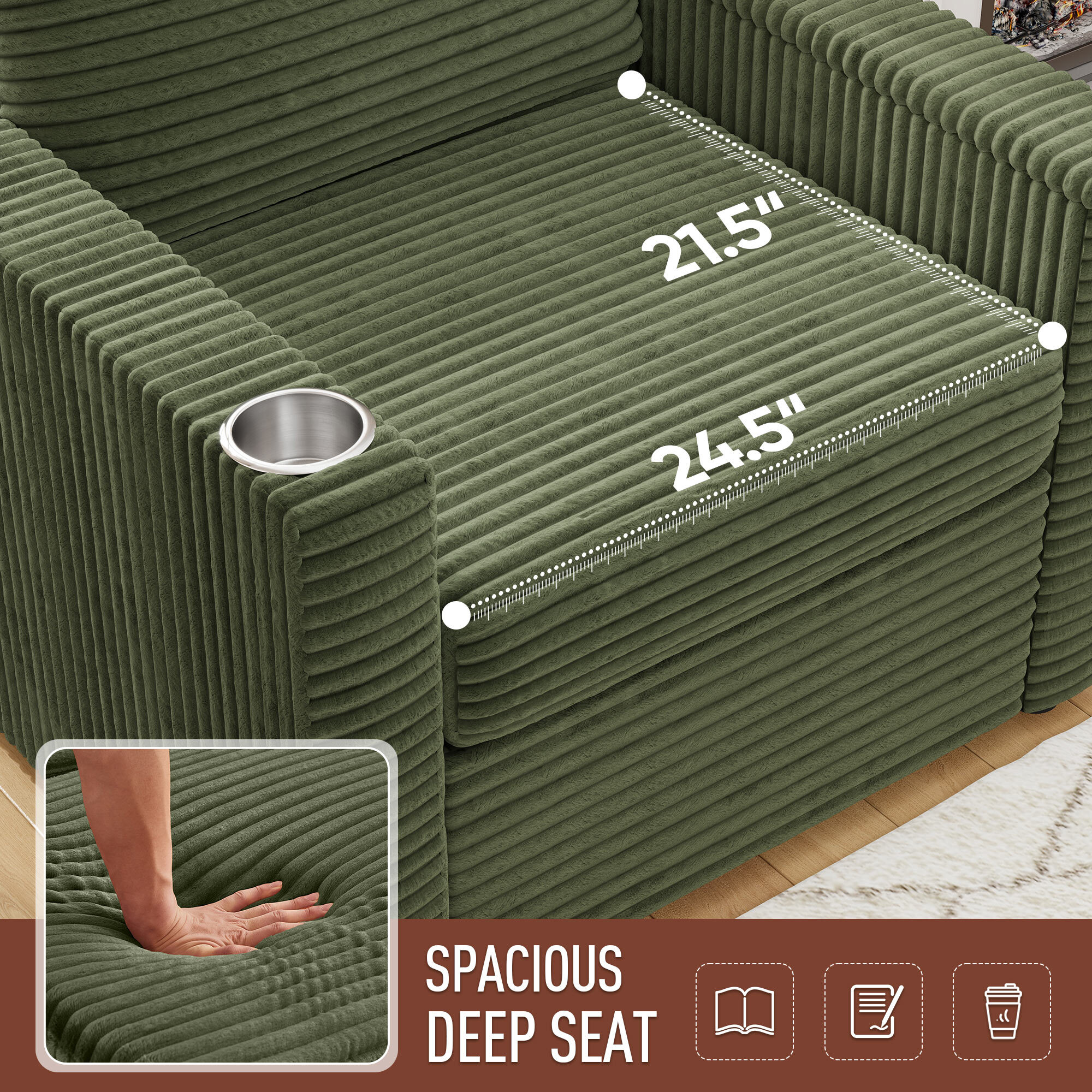 Lunale Accent Chair with Storage Ottoman, Indoor Lounge Chair with USB & Table Board, Cozy Corduroy Sofa Armchair for Living Room, Green