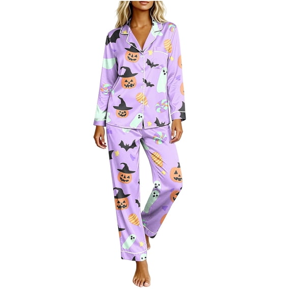 Enjoytime Women's Pajama Sets Halloween Print Soft 2 Piece Lounge Set Collared Long Sleeve Button Down Shirts with Pants Sleepwear