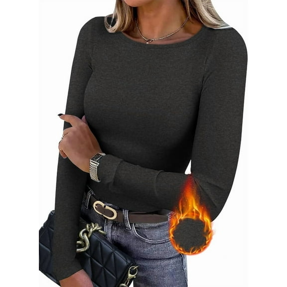 Ronuti Long Sleeve Thermal Shirt for Women Light Fleece Tops Spring 2025 Crew Neck Casual Basic T-Shirts