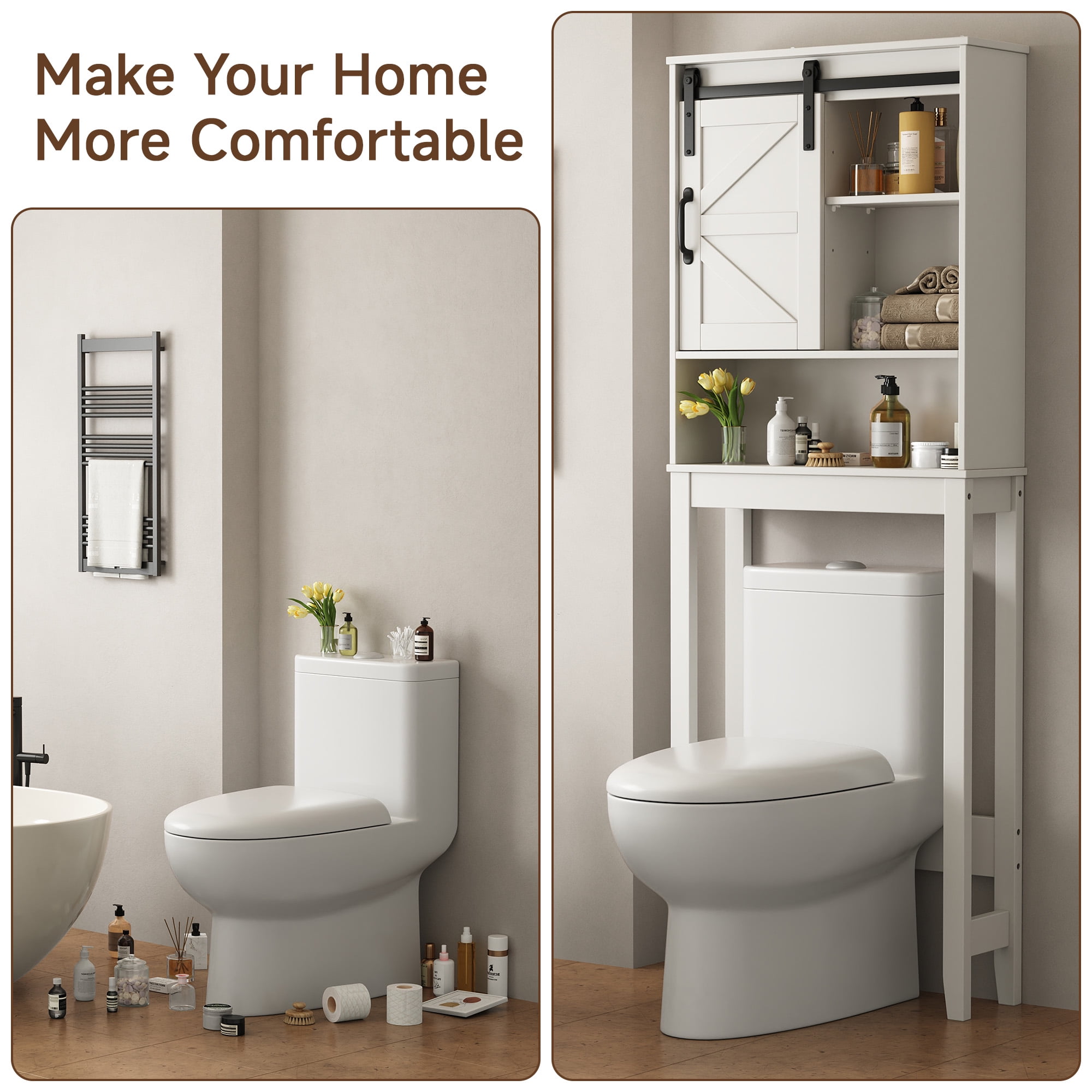 Over the Toilet Storage Cabinet, White Bathroom Shelf Organizer with Adjustable Shelf, Sliding Barn Door, Anti-Tipping Design, Waterproof for Bathroom/Laundry Room Organization