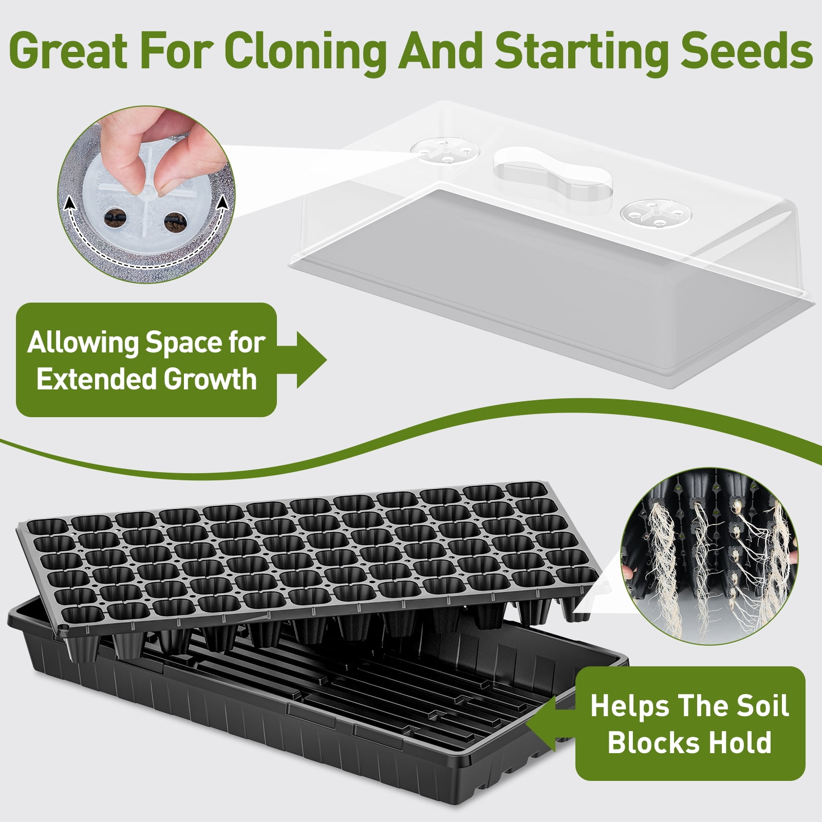 5-Pack Seed Starter Trays Set – Includes 1020 Trays (No Holes) + 72-Cell Deep Plug Trays (2.44" Deep) + 5" Clear Humidity Domes for Vegetables, Herbs, Flowers
