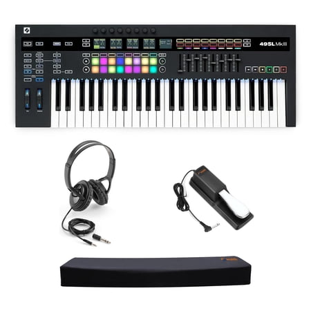 Novation SL MK3 49-Key MIDI & CV Keyboard Controller with 8-Track Sequencer – Ideal for Music Production & Live Performance W/ Over Ear Audio Headphones, Waith Sustain Pedal & Keyboard Cover Bundle