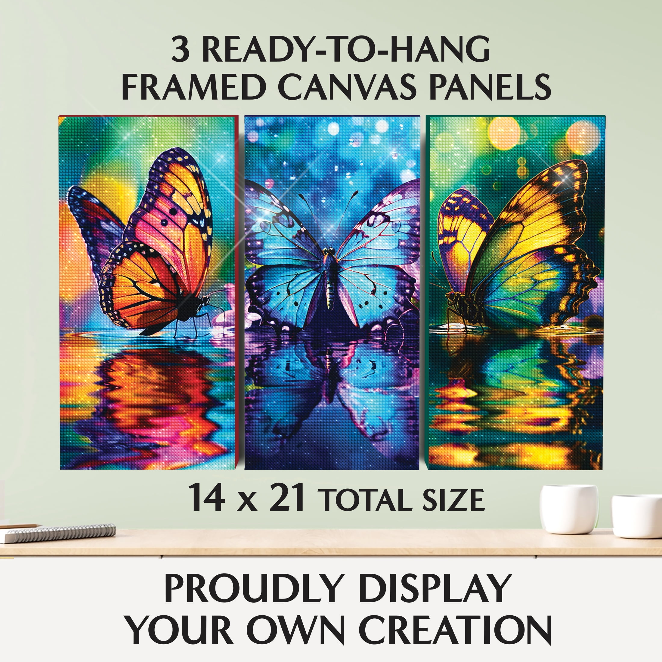 ArtSkills Diamond Painting Kit, Diamond Art Ready to Hang Framed Canvas with Storage and Accessory Kit, Enchanted Butterflies, 3 Stretched Canvas Panels, 14” x 7” Each