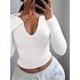 thumbnail image 2 of Quarter Zip V Neck Long Sleeve Cropped Top Going Out Tops for Womens Fall Fashion 2025 White M, 2 of 6
