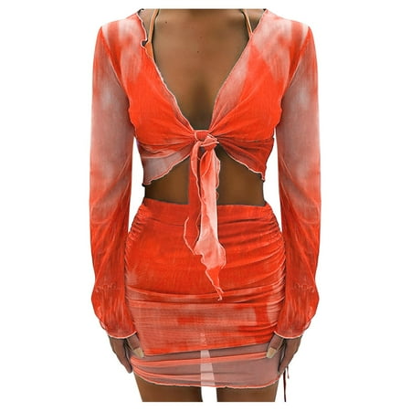 Zhden Bathing Suit Cover Up for Women Sheer Mesh Cover Up 2 Pieces Ruched Y2K Mini Skirt Sets Bikini Cover UpOrange XXL