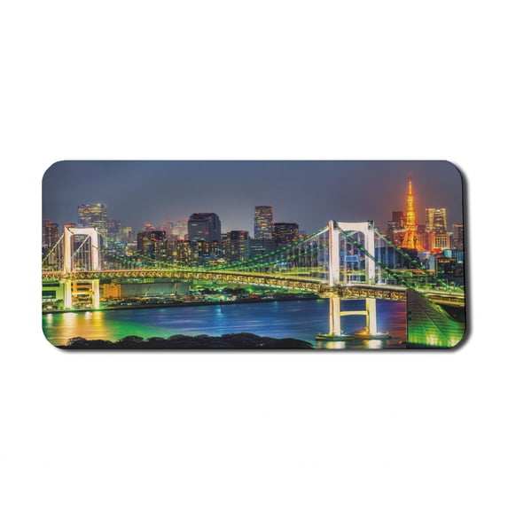 Landscape Computer Mouse Pad, Tokyo Skyline with Tokyo Tower and Rainbow Bridge Tokyo Japan Night Scenery View, Rectangle Non-Slip Rubber Mousepad X-Large, 35" x 15", Green Navy, by Ambesonne