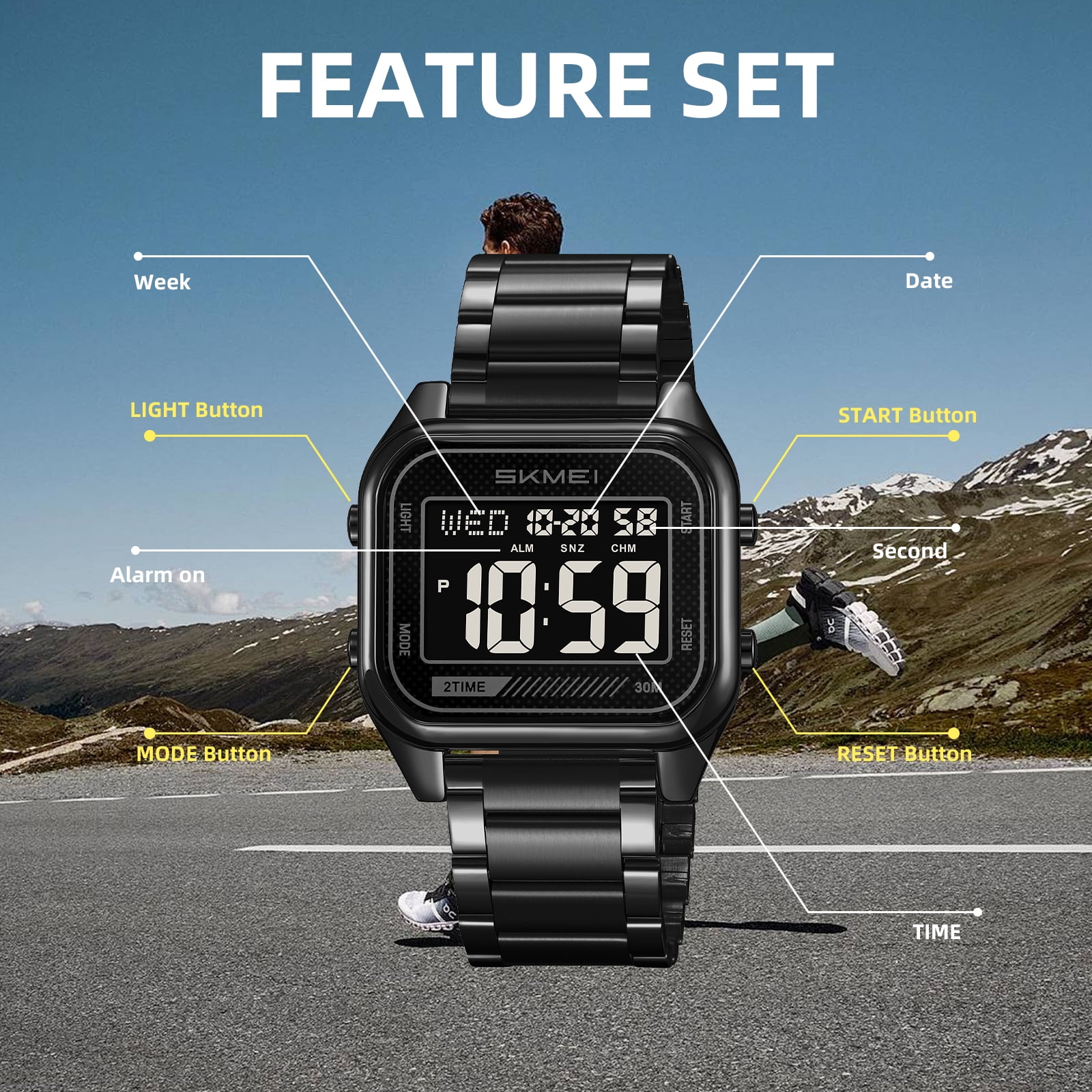SKMEI Men's Digital Stainless Steel Watch Large Face LED Casual Sport Watches Waterproof Dual Time Date Wristwatch