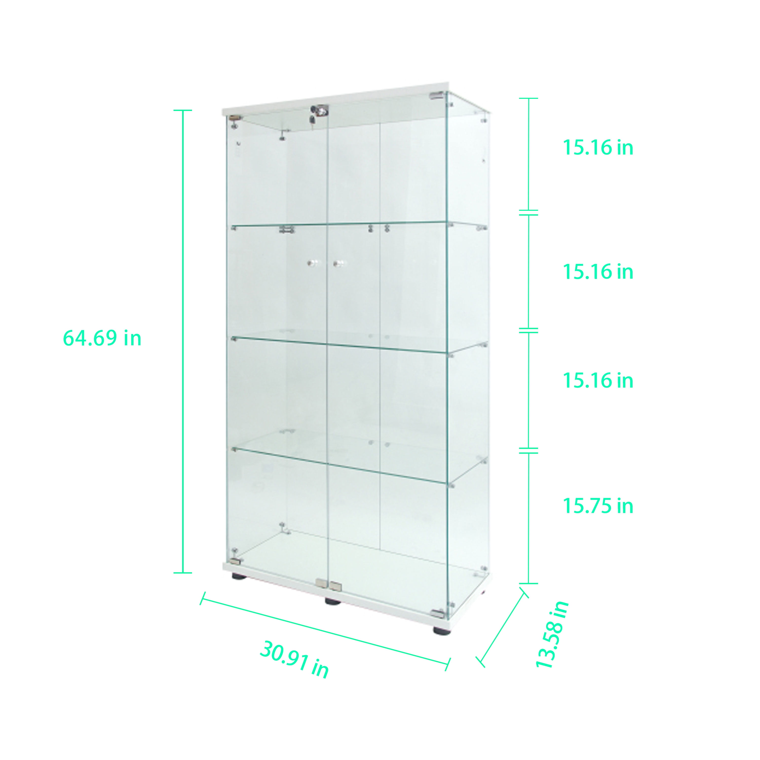 MAYEERTY Glass Display Cabinet, 4 Tiers Wine Cabinet, Collection Storage Showcase with 2 Doors, White