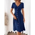 thumbnail image 5 of Navy Blue V-Neck Short Sleeve Fit & Flare Midi Dress With Gold-Tone Button Front, 5 of 7