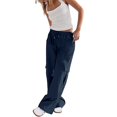 thumbnail image 2 of Tittly Cargo Pants Women Wide Leg Pants Woman Womens Daily Elastic Waist Pockets Straight Solid Color Casual Pants Loose Pockets Cargo Long Trousers Cargo Joggers Sweatpants Women Navy M, 2 of 9