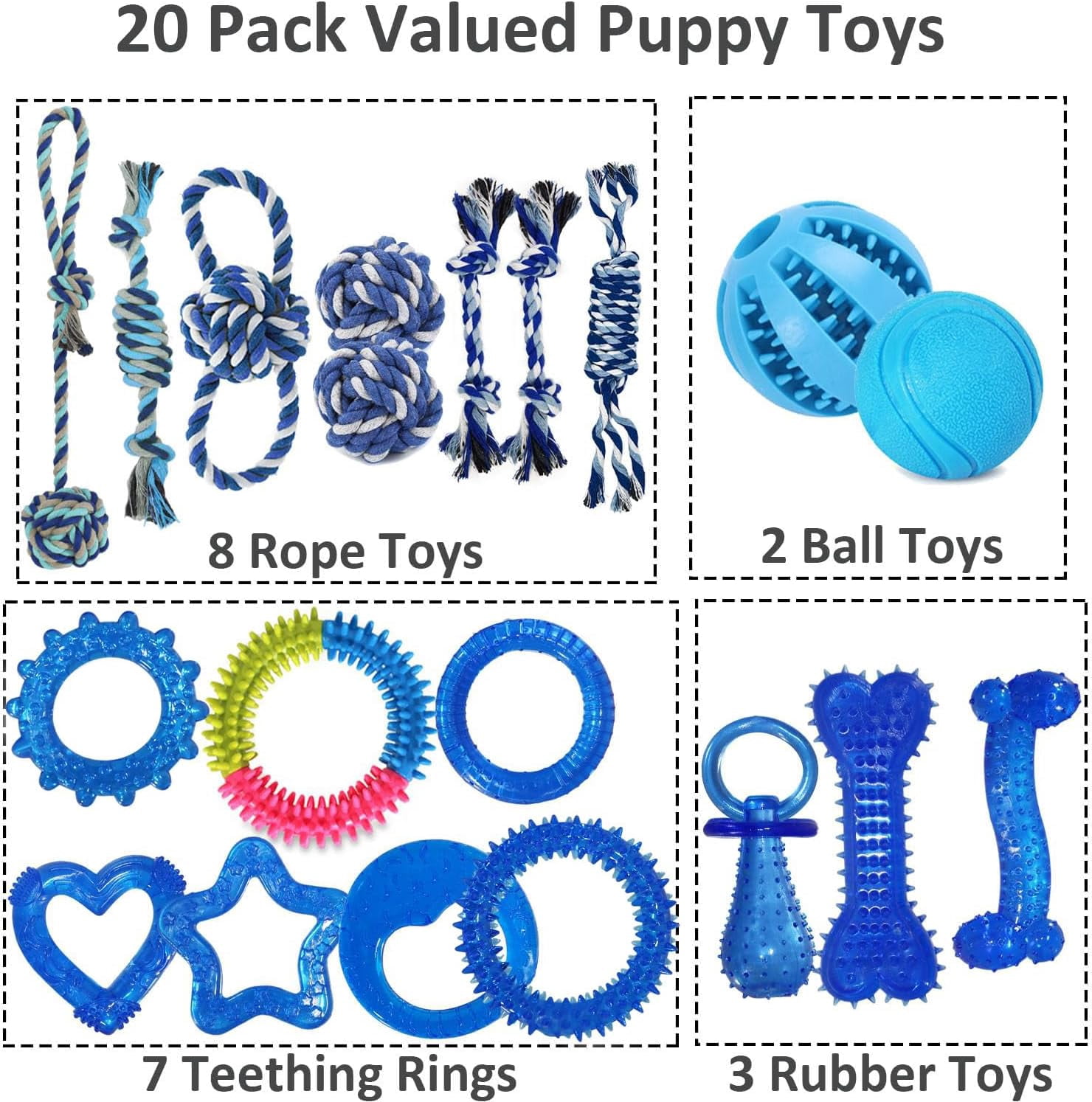 Puppy Chew Toys 20 Pack for Teething and Fun, Dog Toys for Small Puppies Bulk with Various Rubber Rings, Ropes and Balls for Interactive Play, Teeth Cleaning & Relief