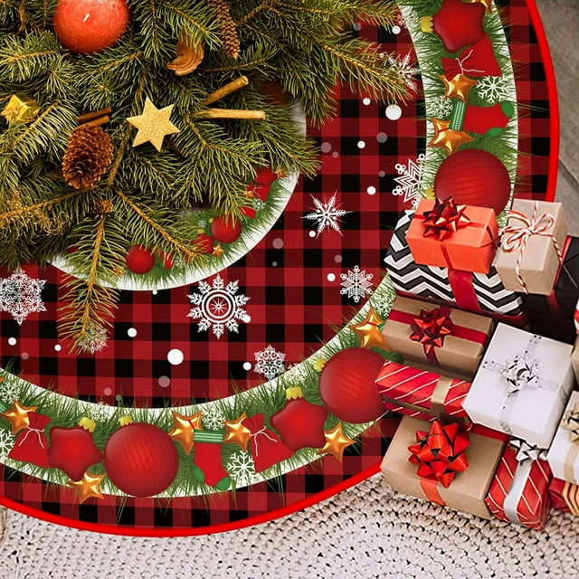 Staron Jupe de Sapin de Noël 48 Pouces, Joyeux Noël à Carreaux Rouge Jupe de Sapin de Noël Col, Tapis Doux pour Sapin des Fêtes d'Hiver Décorations de Noël