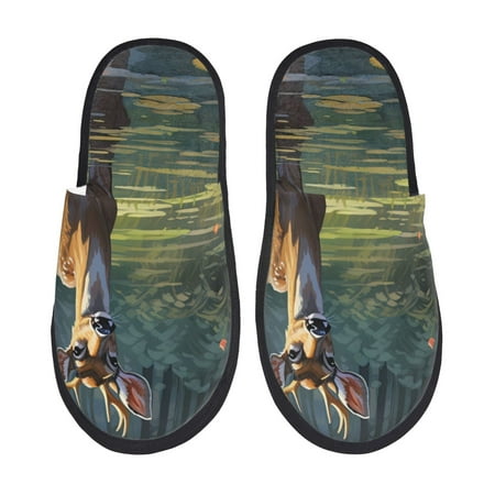 Balery Peaceful Deer Lily Pond Slient Indoor Furry Fleece Comfort House Shoes Soft Non-Slip Home Shoes Cotton slippers House Slippers-- Medium
