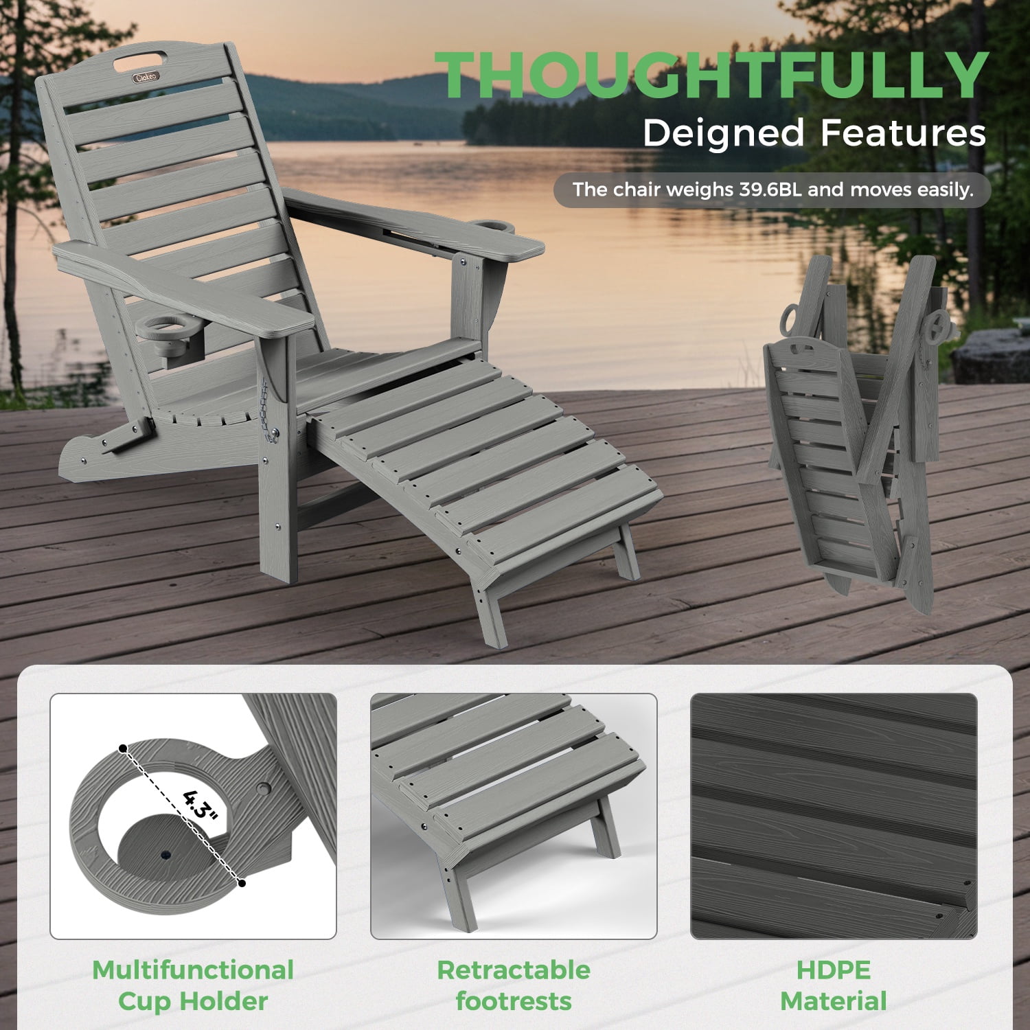 Ciokea Folding Adirondack Chair with Ottoman HDPE Pool Chair Pull Out Footrest with 2 Cup Holders Patio Garden Grey
