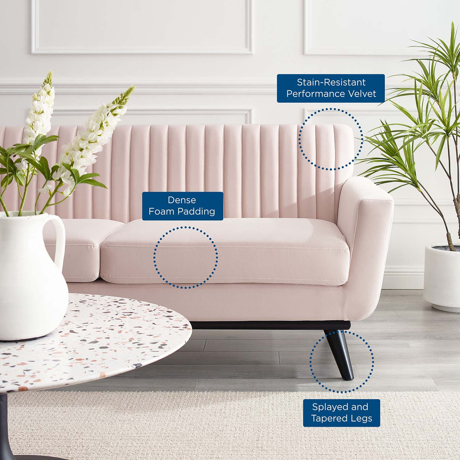 Modway Engage Modern Channel Tufted Performance Velvet Loveseat in Pink