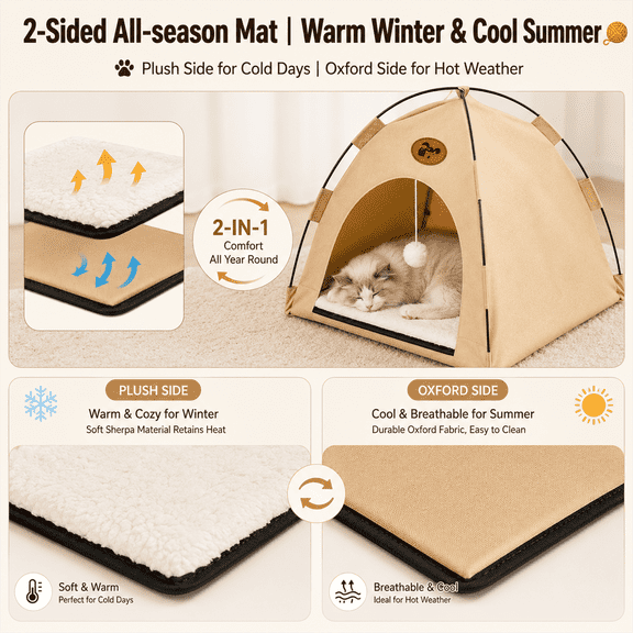 Pet Tent Bed for Cats, Breathable Indoor Cat House with Cushion, Portable Cozy Pet Cave for Small Animals