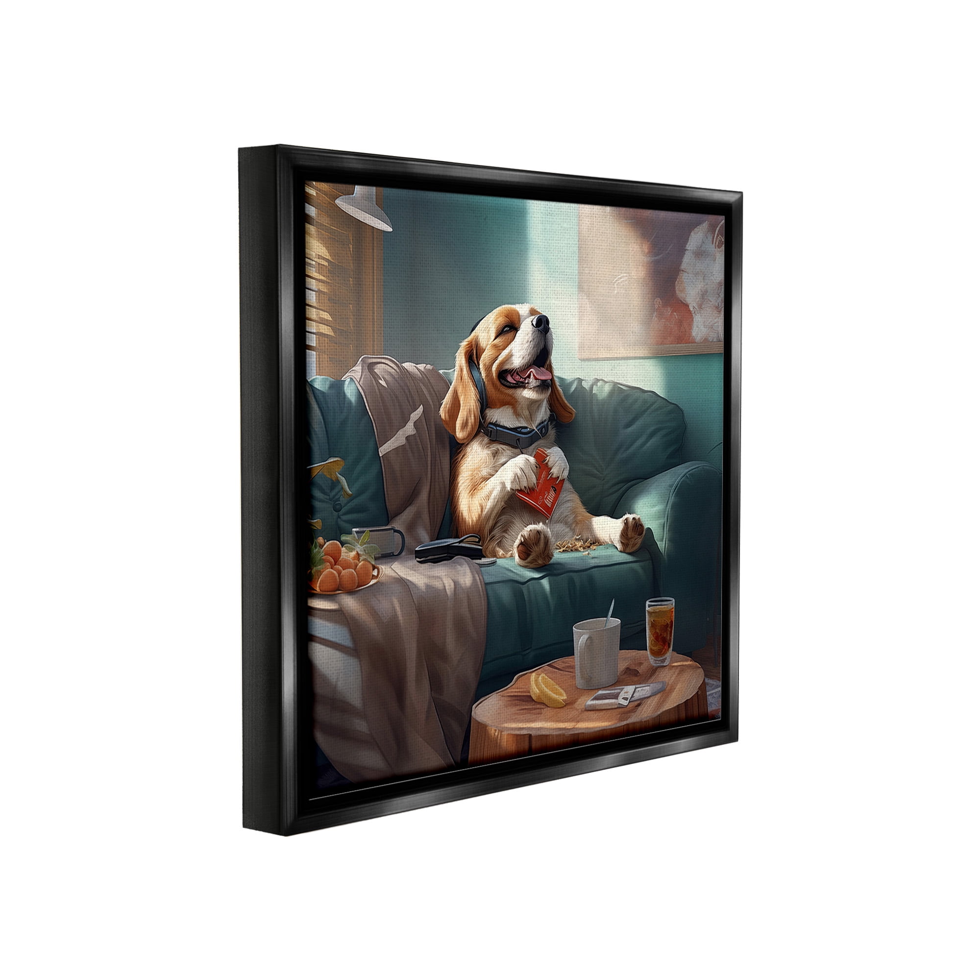 Stupell Industries Happy Dog on Couch Animals & Insects Painting Black Floater Framed Canvas Art Print Wall Art, 25 x 25