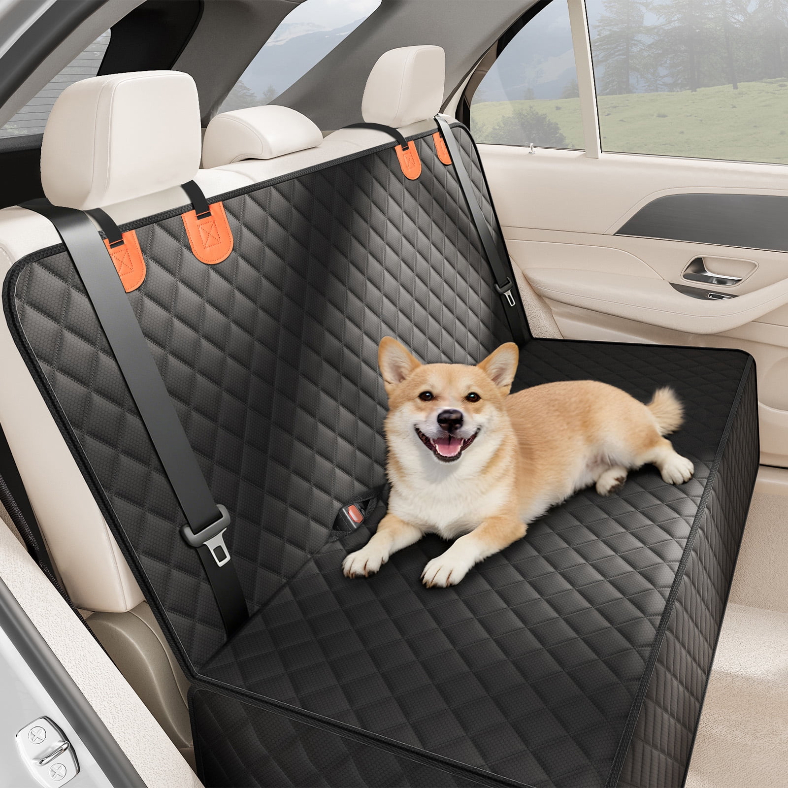 SMATTO Dog Car Seat Cover for Back Seat Bench, Waterproof, Scratchproof, Nonslip, Universal Fit Cars Trucks SUVs, Washable Durable Pet Car Seat Protector with 4 Seat Belt Openings - Black