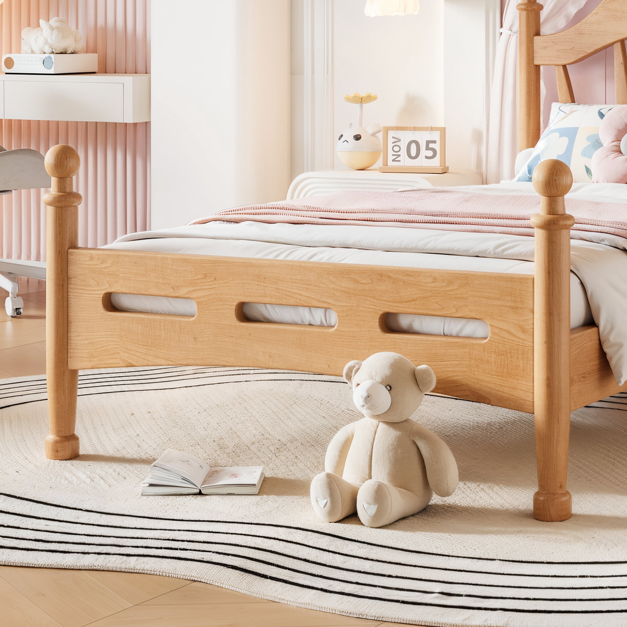 Leumius Twin Size Platform Bed with Chic Headboard, Solid Wood Bed Frame with Slatted Support, Low to Ground Design for Bedroom Natural