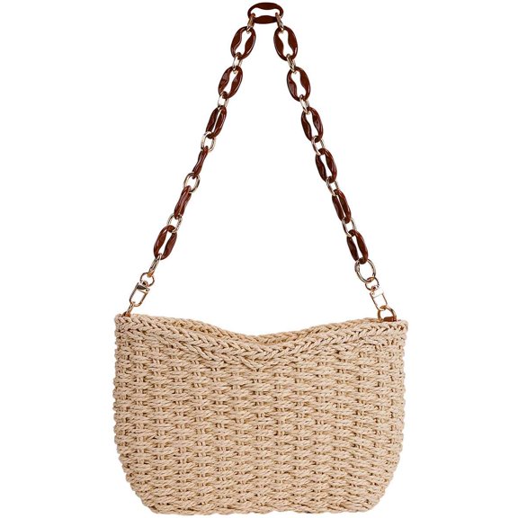 BadPiggies Straw Handbags for Women, Chain Underarm Shoulder Bag Classic Summer Beach Purses Tote Handbags (White)