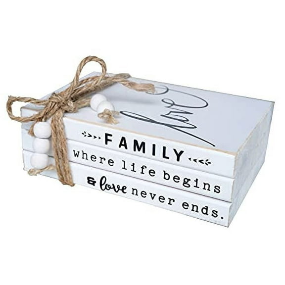 LIVDUCOT Wooden Decorative Books Stack for Coffee Table Faux Book Stack for Decoration Love Family Where Life Begins Modern Farmhouse Decor White Book Decor for Shelf 7X 5.5X 2.5'