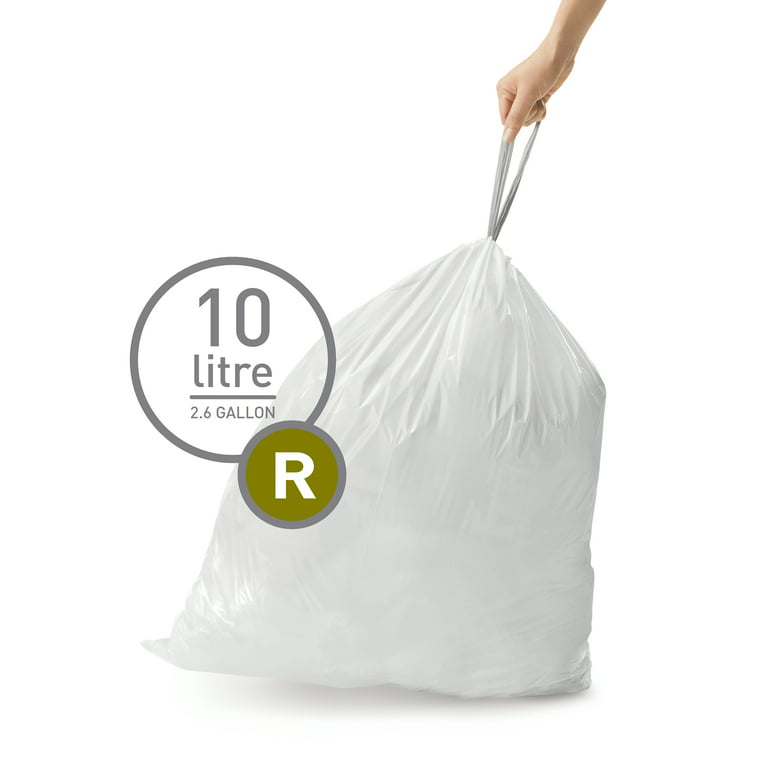 simplehuman Code R Custom Fit Drawstring Trash Bags, 60 Count, 10 Liter /  2.6 Gallon, White