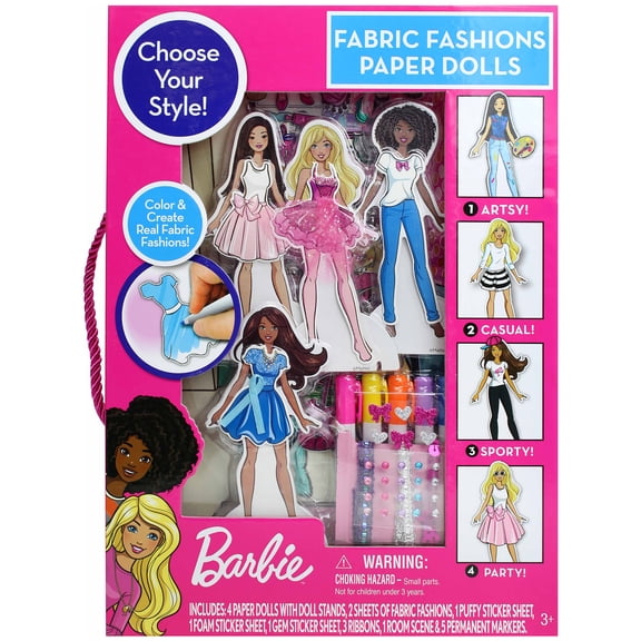 Barbie: Fabric Fashions Paper Dolls -  Design Playset, 4 Dolls & Stands, Mix & Match Adhesive Outfits, Stickers-Gems-Ribbon, Storage Package, Kids 3 