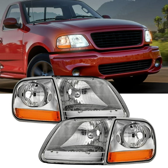 Nilight Headlight Assembly Compatible with 1997 1998 1999 2000 2001 2002 2003 Ford F-150 Expedition Chrome Housing Amber Reflector