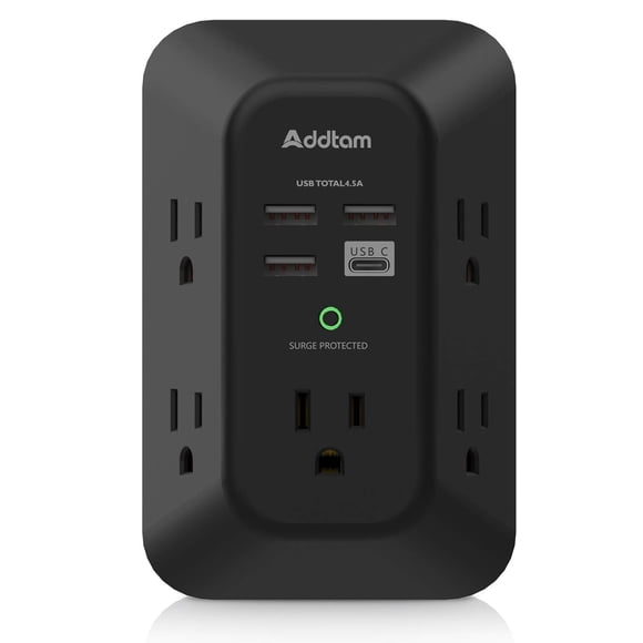 Protector contra sobretensiones para enchufe de pared USB Addtam, 5 tomas con 4 USB