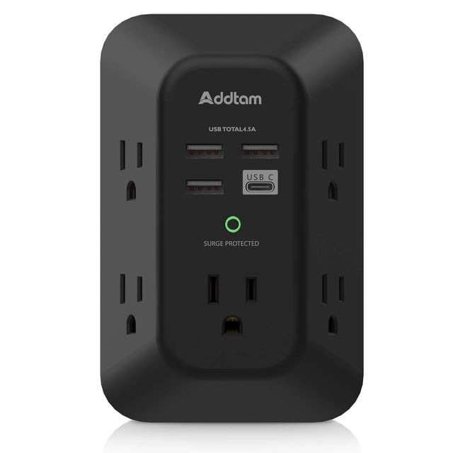 Protector contra sobretensiones para enchufe de pared USB Addtam, 5 tomas con 4 USB