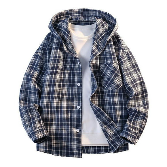 Kalauyu Men's Button Down Shirts Long Sleeve Lightweight Plaid Hooded Flannel Shirt Fall Tops