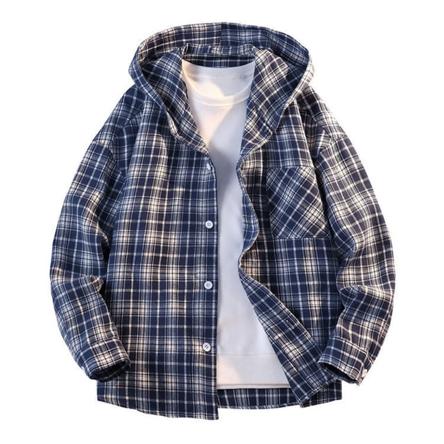 Kalauyu Men's Button Down Shirts Long Sleeve Lightweight Plaid Hooded Flannel Shirt Fall Tops
