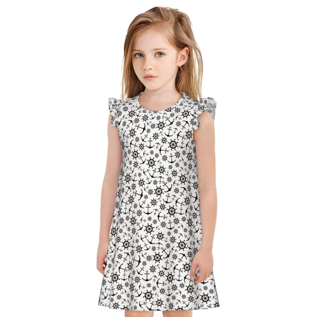 Fotbe Nautical Themed Simple Anchors Vestido de Dormir para Niñas de 3 a 10 Años, Mangas Cortas, Estilo Princesa, Pijama Camisón con Mangas Voladas-Large