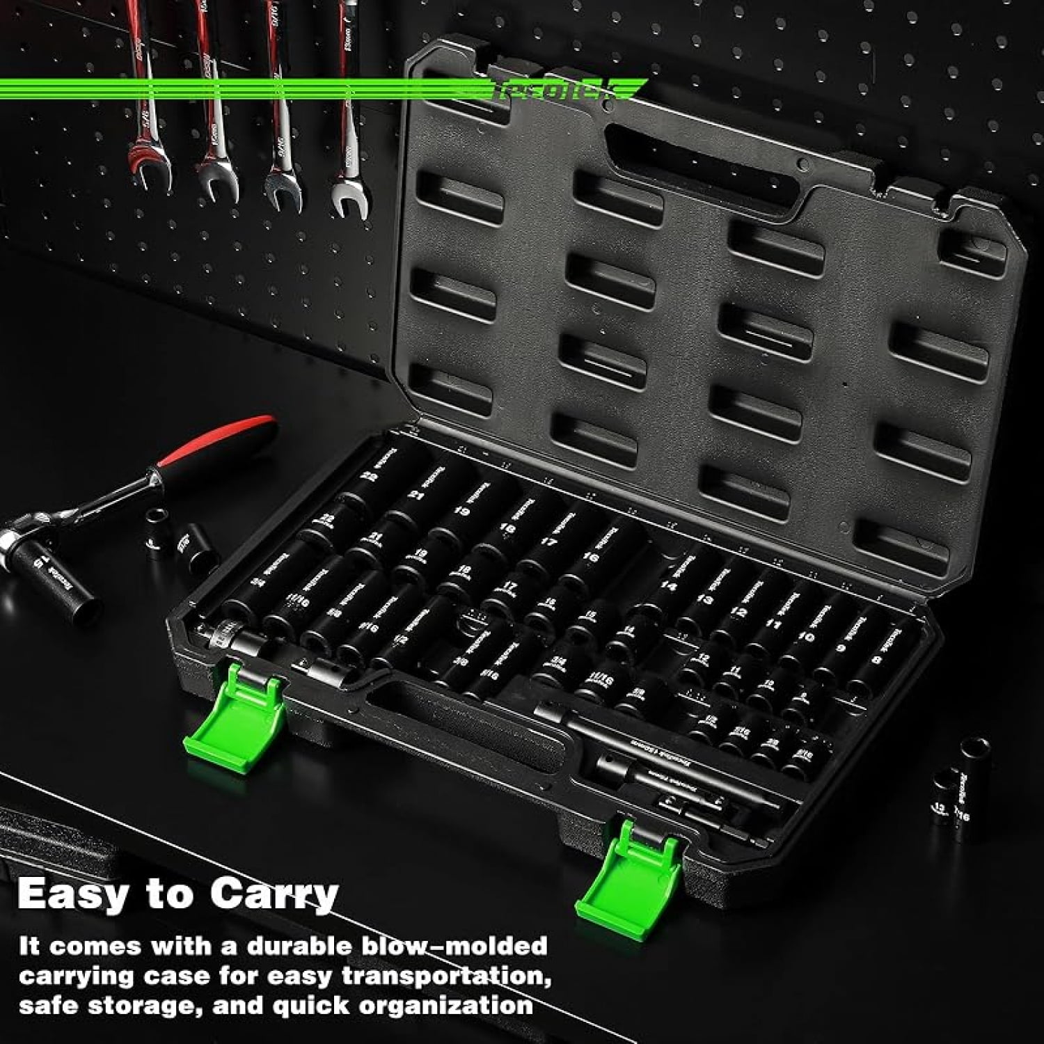 3/8" Drive Impact Socket Set, 49-Piece Standard SAE (5/16"-3/4") and Metric (8mm-22mm), 6 Point, Cr-V, Extension Bars, 1/2" F to 3/8" M Reducer, Universal Joint and Power Drill Adapter