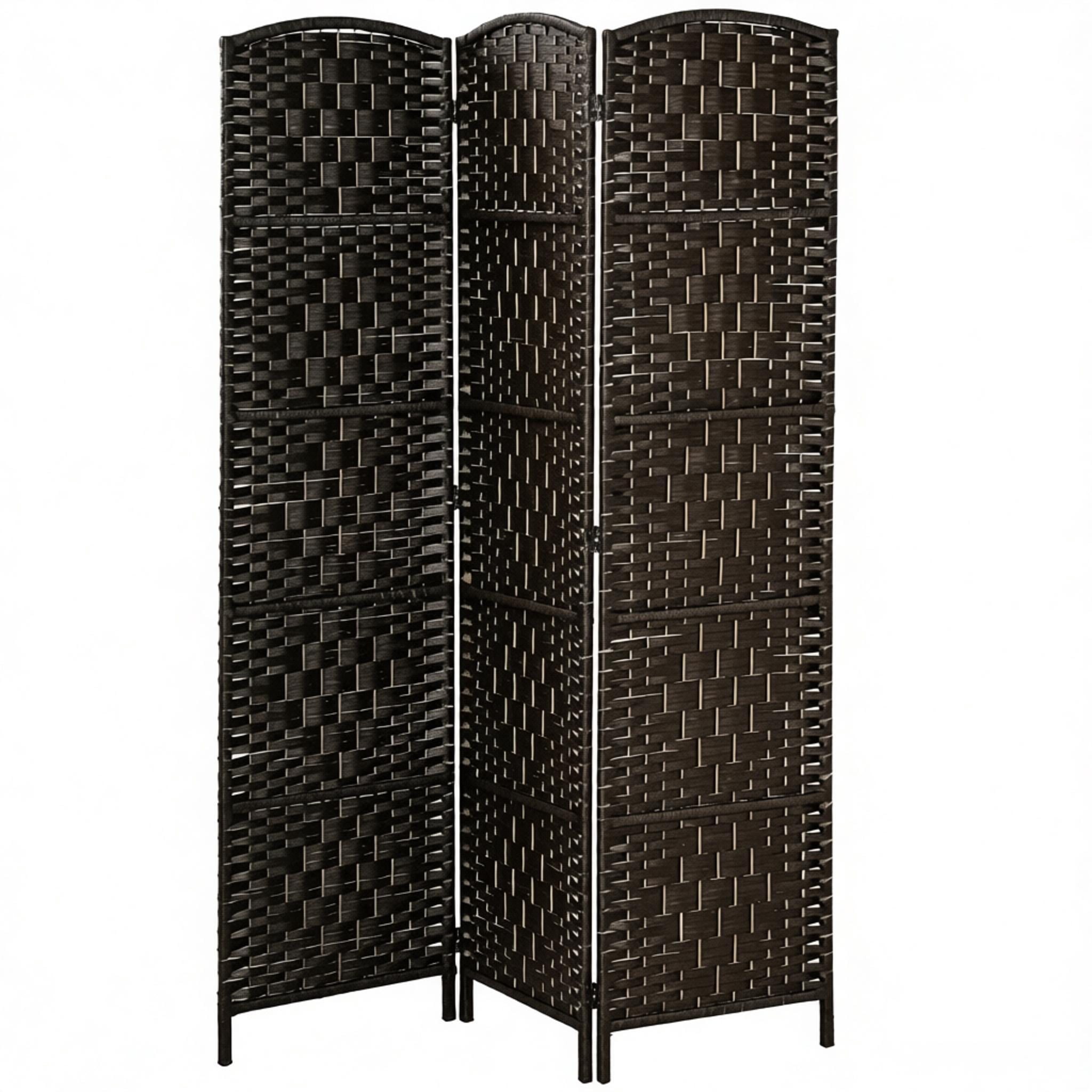 3-Panel Folding Room Divider, Wicker Woven Privacy Screen with Arched Top, Solid Poplar Wood Frame, Lightweight Portable Partition for Home Decor, Coffee