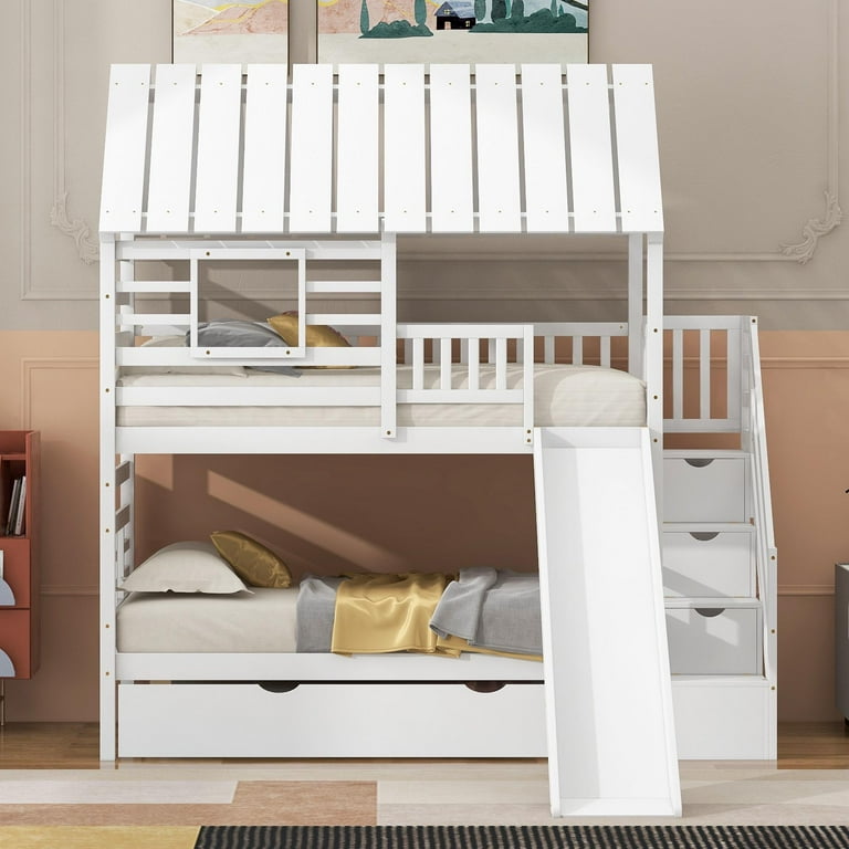 Twin Over Twin House Bunk Bed with Trundle and Slide Storage Staircase Roof and Window Design White