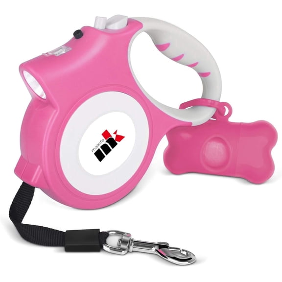Retractable Dog Leash with Light 15 Poop Bags, Dispenser 16ft Extendable Dog Walking Leash for Small Dogs up to 55 lbs, Non-Slip Handle - Pink