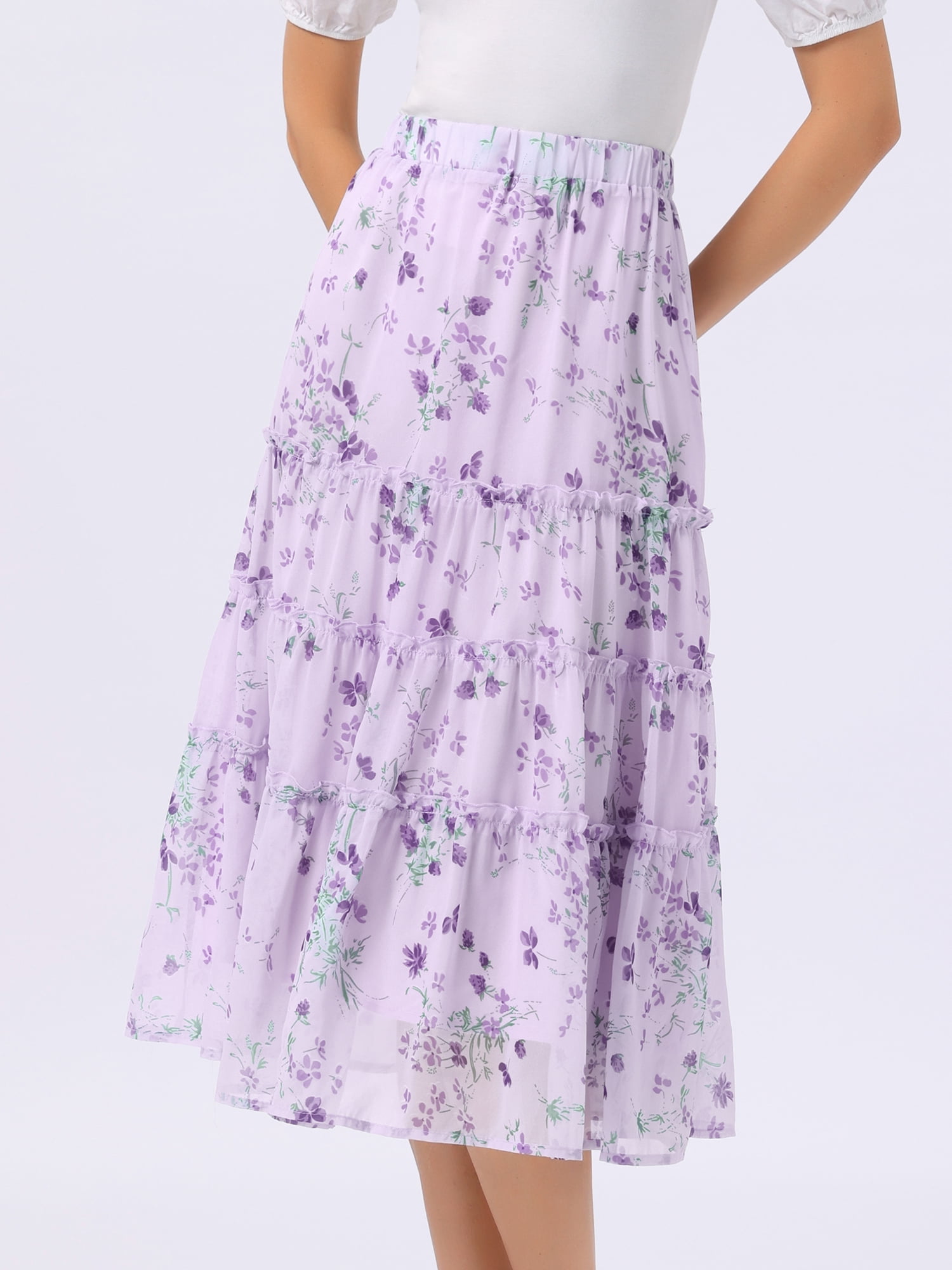 DARING DIVA Women's Floral Chiffon A-line Long Tiered Ruffle Maxi Skirt XL Purple Floral