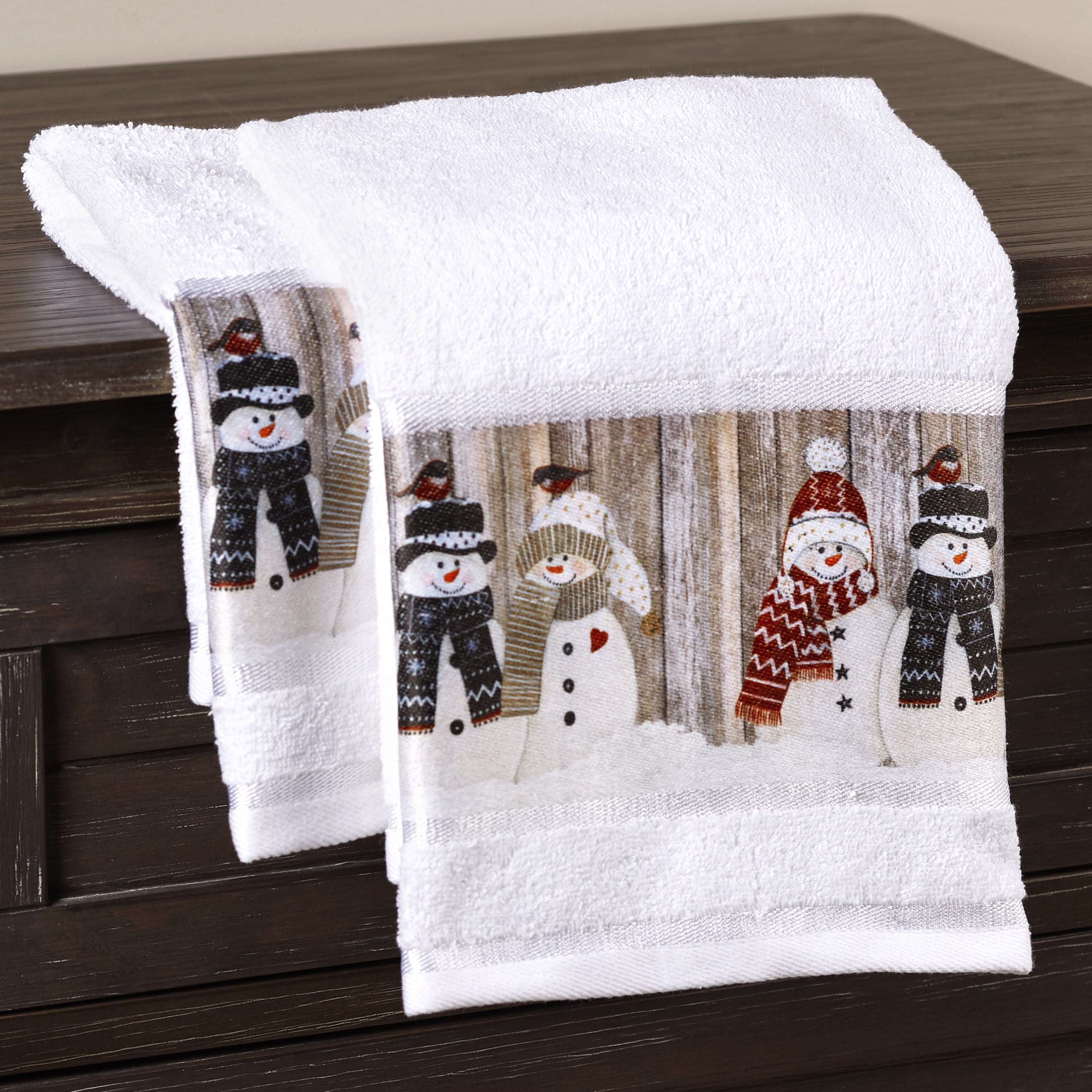 Christmas Gray & White Skiing Snowman Cotton Kitchen Towels NWT 