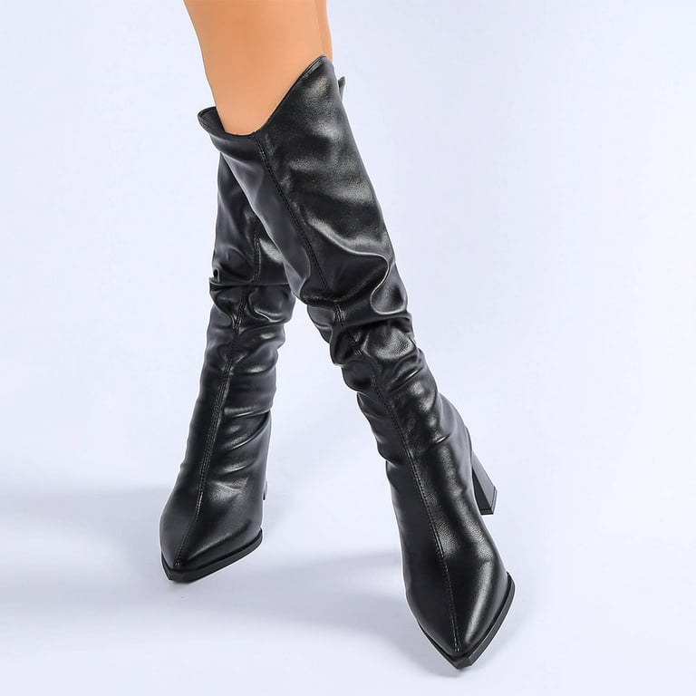 Slouchy Knee High Dress Boots for Women Slim Fit Leather Pointed