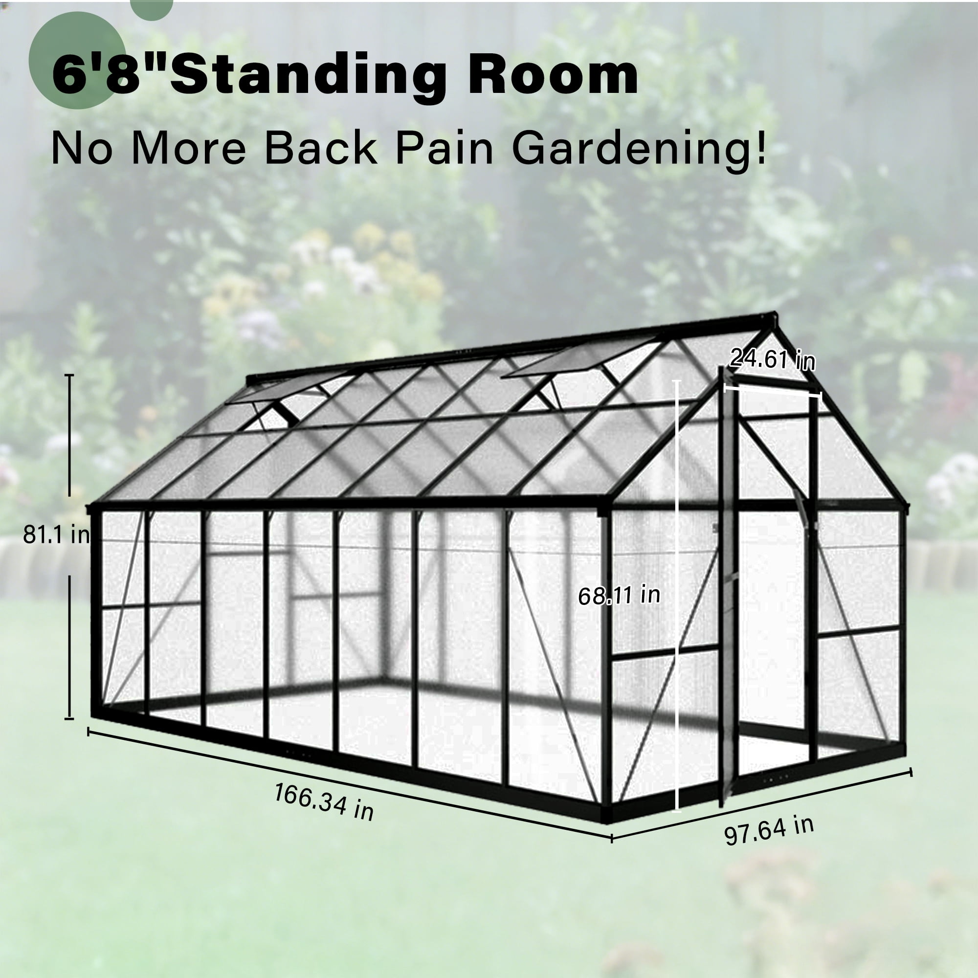 PABIMIA 8x14 FT Polycarbonate Outdoor Greenhouse, Aluminum Walk-in Greenhouse with Roof Vent, Black