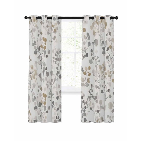 Grey Brown Botanical Blackout Curtains, Light Blocking Print Window Curtains, Summer Leaf Watercolor Thermal Insulated Window Drapes for Living Room Kitchen Cafe 2 Panels, 104"W x 63"L