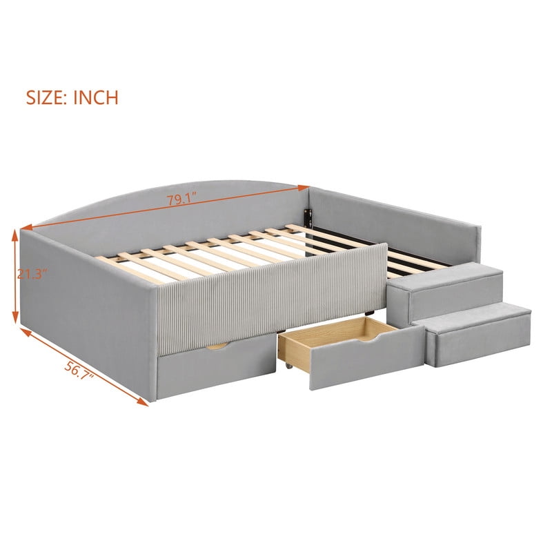 Full Size Kids Daybed Frame with Small Stair & 2 Storage Drawers, Velvet+Corduroy Dual Upholstered Accent Platform Bed