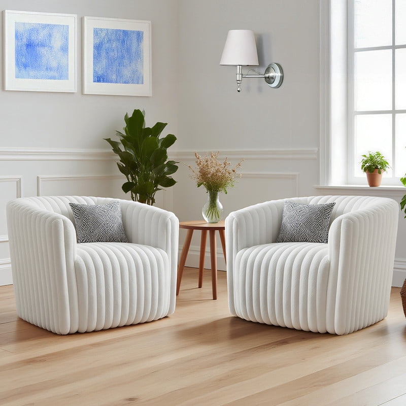 Gianna Swivel Accent Chair, Reclining Velvet Barrel Chair，White