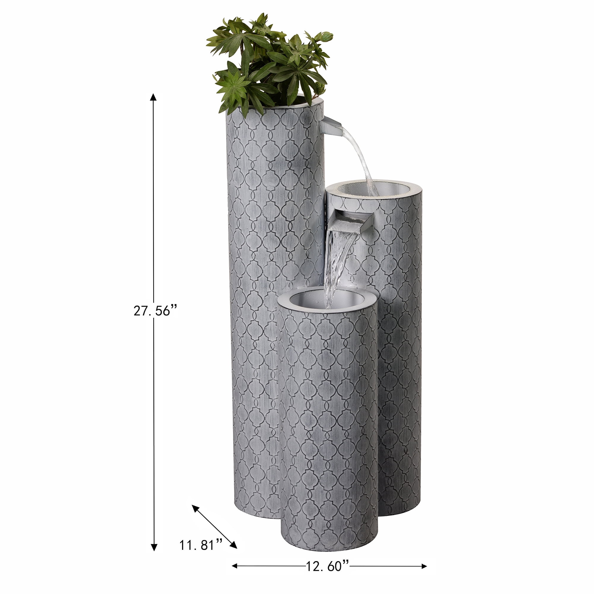 Round 3 Tier Metal Fountain with Planter and LED Lights - Outdoor