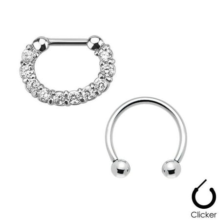 Pair of Septum Ring 16ga Clear CZ Gem Combo Cartilage Ring Surgical