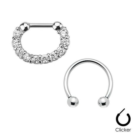 Steel Clear Gem - Pair of Septum Ring 16ga Clear CZ Gem Combo Cartilage Ring Surgical Steel